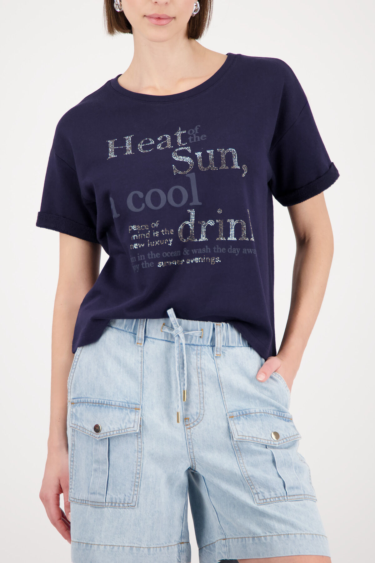 Sweatshirt MONARI "Sweatshirt tonige Schrift", Damen, Gr. 36, marine, Sweatware, Obermaterial: 47% Polyester, 27% Baumwolle, 23% Viskose, 3% Elasthan, bedruckt, gemustert, unifarben, bequem normal, Rundhals, Aufschlag, Sweatshirts Sweatshirt, mit Glitzern