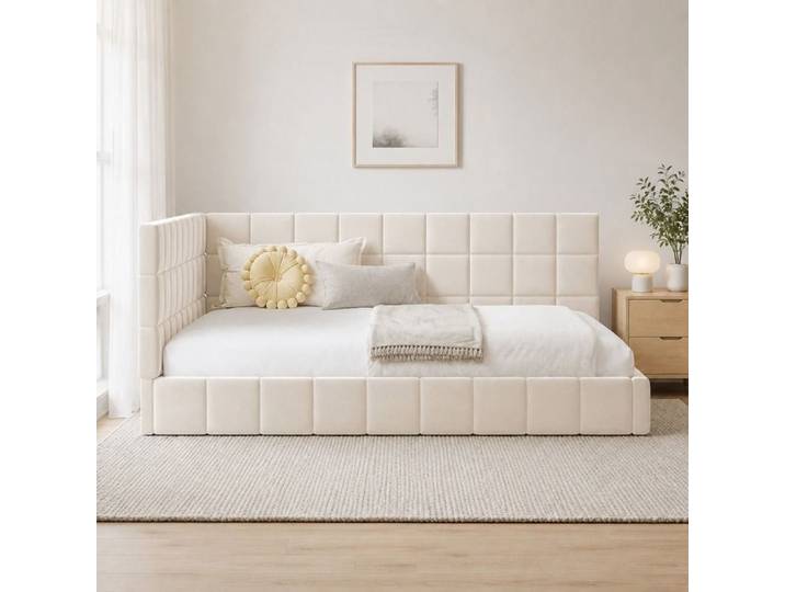 Lit banquette - ZEVKOR - 140x200 - Convertible canapé - Tissu beige - Avec dossier et accoudoir