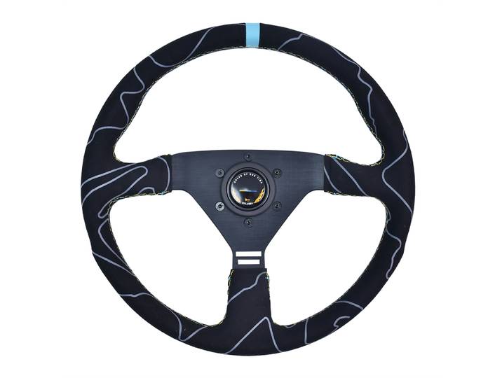 Volant de course sport GR Brand JDM Style 340 mm en cuir suédé avec surpiqûres bleues, volant de simulation pour la performance