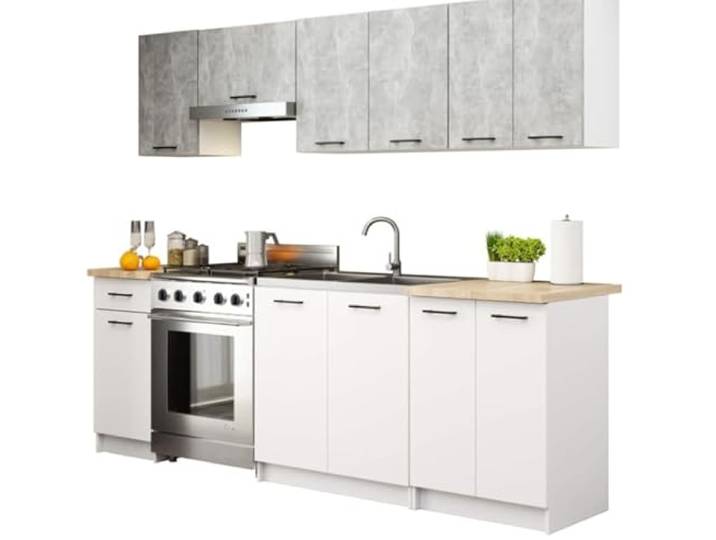 BDW - Küchenzeile ohne Elektrogeräte - Miniküche 240 cm breit - Küche Komplett: Küchenunterschränke & Küchenhängeschränke - 240x203x46 cm - Küchenschränke Beton/Weiß