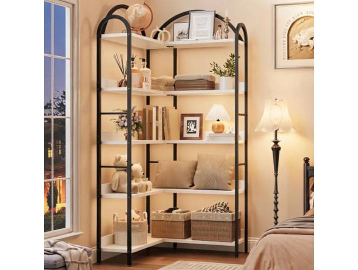 Zstar Eckregal Weiß 174 cm, 5 Ebenen, Bogenform, L-Form, Metall 80 x 24 x 174 cm 5 Ebenen L-Form Bogenform Metall und Holz