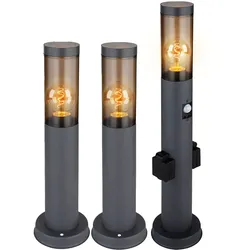 Sockelleuchte mit Steckdose und Bewegungsmelder Gartenlampe Wegeleuchte Außenstehlampe, Edelstahl anthrazit, Kunststoff rauch,  E27, 3er Set