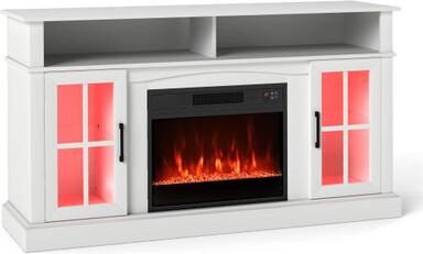 Costway 58 Inch Fireplace TV Stand with LED Lights with Storage Cabinets and Glass Doors-White