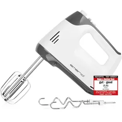 Emerio Handmixer 400 W – Mixer mit Turbofunktion – 5 Geschwindigkeitsstufen – Edelstahl-Rührbesen und Knethaken – HM-130365 – Weiß / Grau