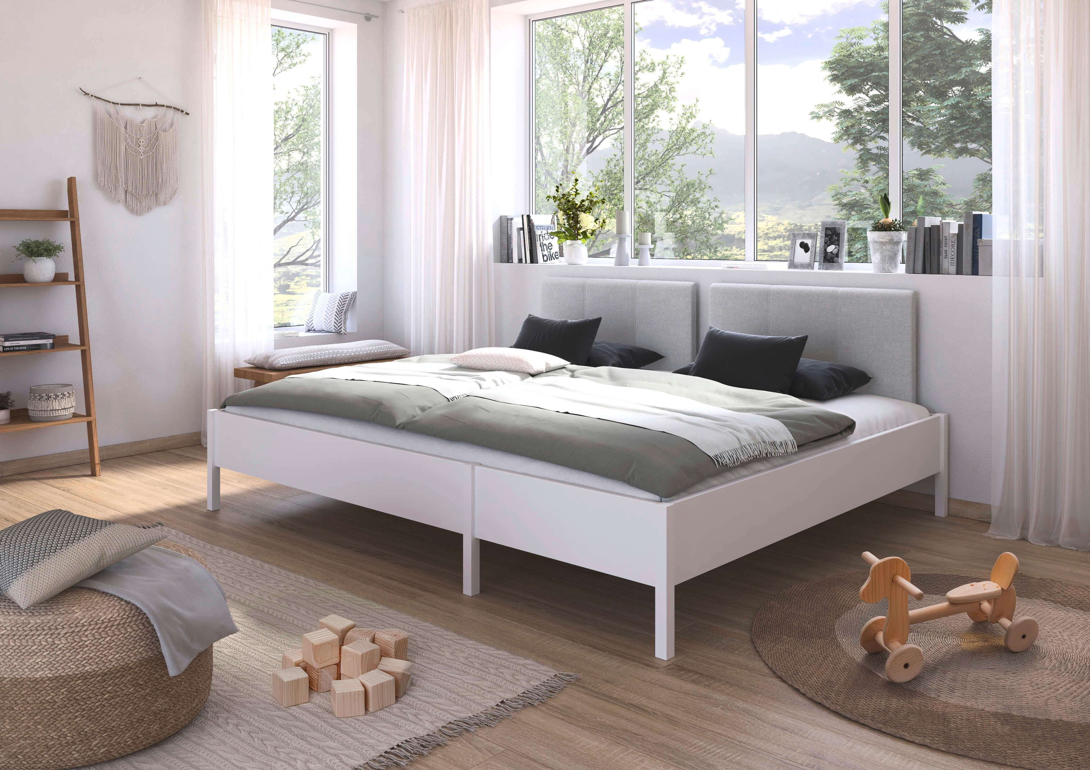Bett RAUCH "Familienbett XXL Familiengrösse Ehebett Doppelbett umbaubar", weiss (alpinweiß), Liegefläche Länge B: 200cm x 240cm, Polsterkopfteil in Webstoff »silver grey«, Höhe Bettseite: 44cm, ohne Matratze, Nutzschicht: 100% Polyester, Betten, Bett, 240