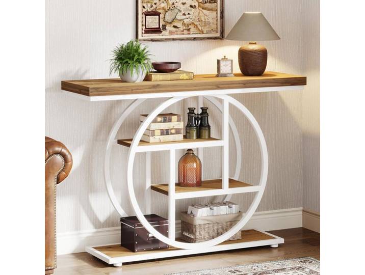 Finmind Table Console 105×30×80 cm Table d'Entrée Industrielle à 4 Niveaux avec Base Circulaire Marron et Blanc