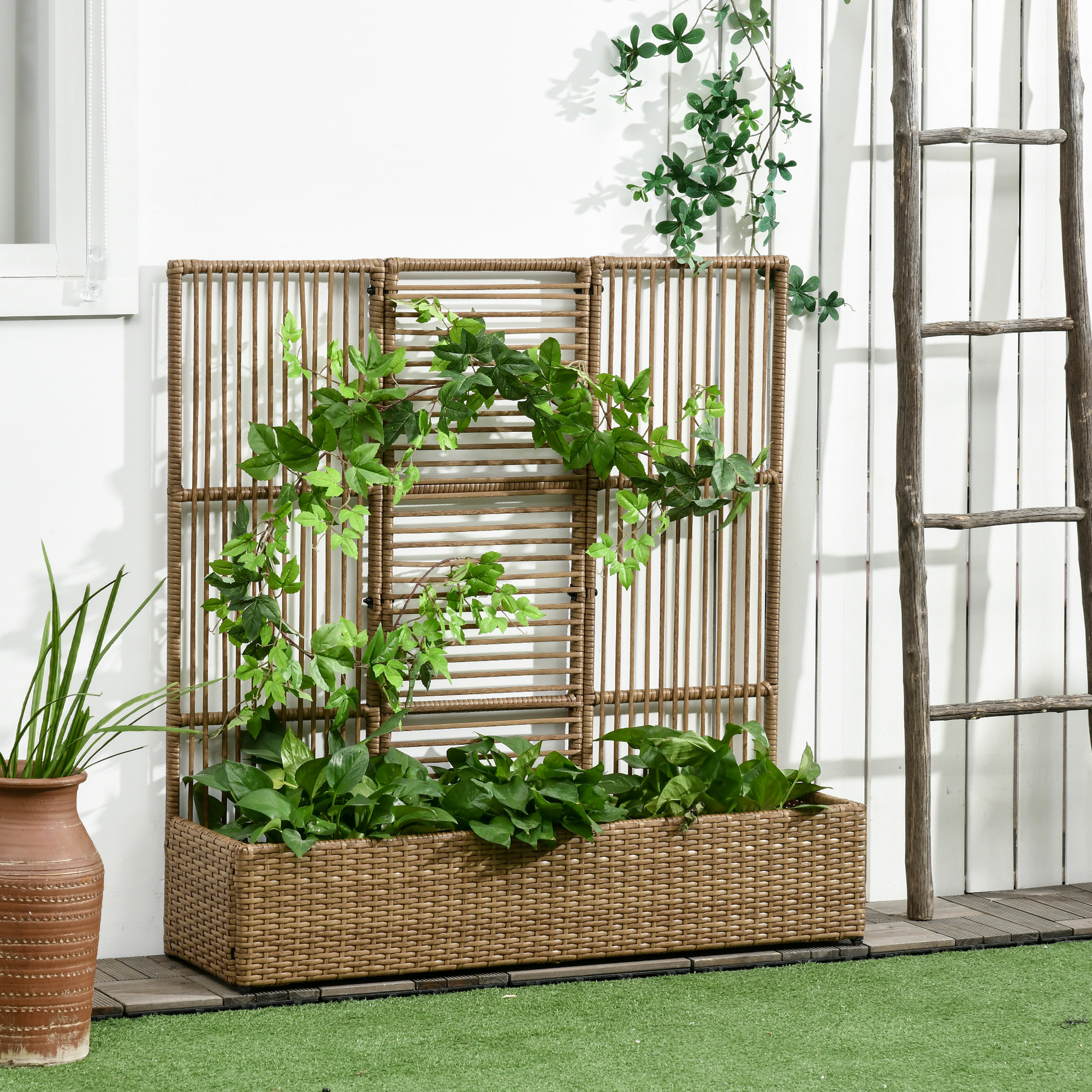 Outsunny Supporto per piante con trellis vaso rettangolare inferiore in resina intrecciata e acciaio dim. 103L x 29l x 103H cm