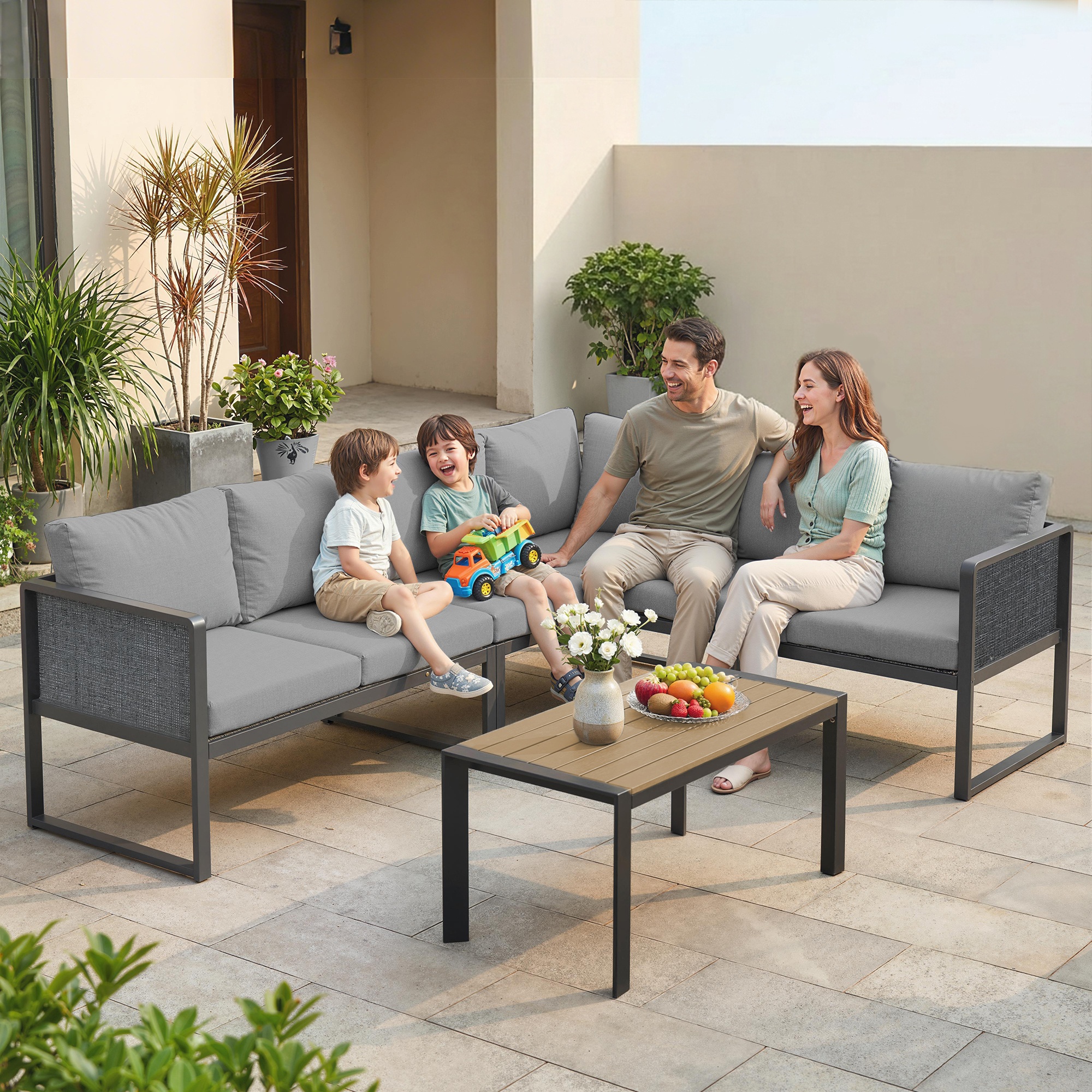 Outsunny Set da giardino angolare modulare 6 persone, divani, tavolino e cuscini, grigio scuro   Aosom Italy