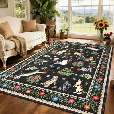 Garvee Pastoral Cat Pattern Washable Area Rug