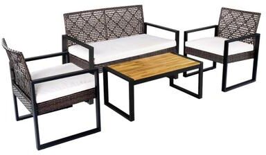 Costway 4-Piece Patio Set with Acacia Coffee Table and Wicker Chairs for Backyard-Brown & Black