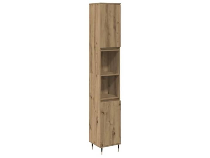 KTHLBRH Badezimmerschrank Eiche 30 x 30 x 190 cm aus mehrschichtigem Holz Badezimmerschrank mit 4 Fächern und 2 Einlegeböden, verstellbare Türen, Eisenfüße, 10 cm, Industrie-Stil, Wandbefestigung