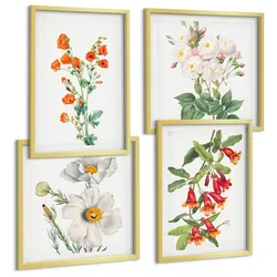 BILDER SET 4er Set - 50x50 cm & 40x60 cm Goldrahmen - Retro-Blumenmalerei