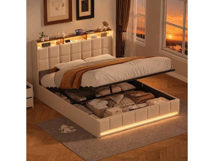 Lit Coffre 140x200 avec Rangement Lit Double Adulte Lit Beige avec LED et USB Ado Rangement Hydraulique Adulte Lin