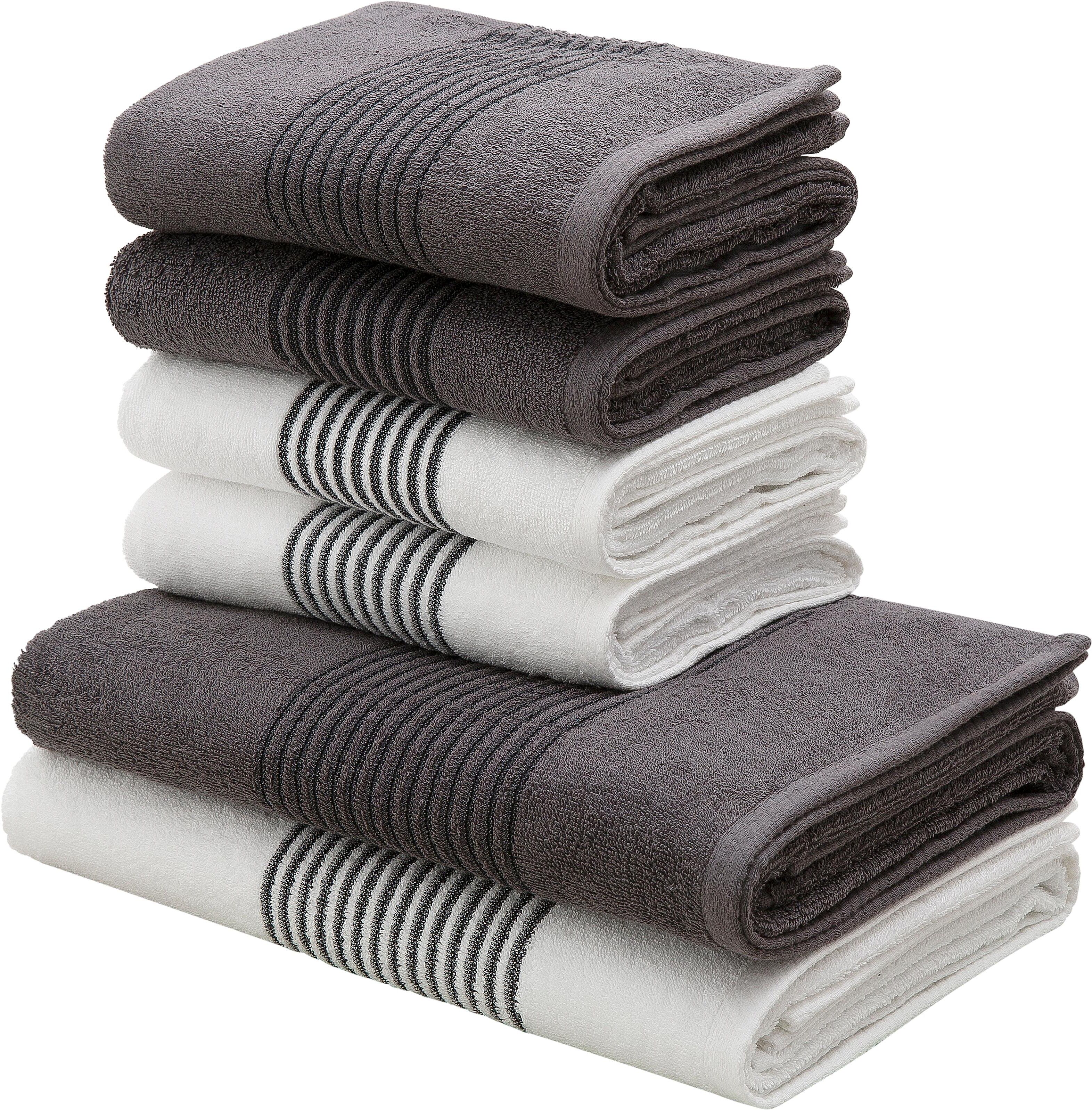 Handtuch Set BRUNO BANANI "Jassen, Duschtücher, Handtücher", grau (weiß, anthrazit), 6, Walkfrottee, Walkfrottee, Obermaterial: 100% Baumwolle, Handtuch-Sets, Handtuch Set, mit gestreifter Bordüre, 6 teiliges Handtücher Set aus 100% Baumwolle weiß, anthra