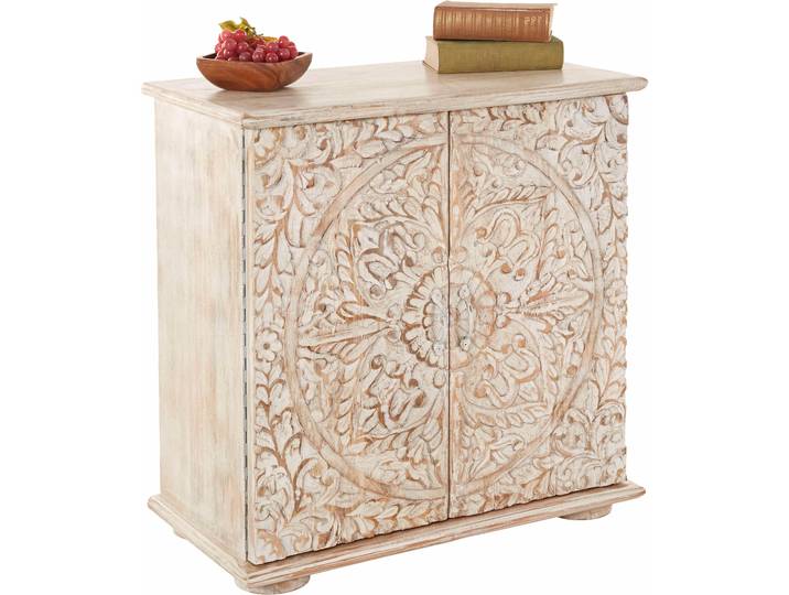 Kommode GOODPRODUCT Salim Sideboard handgefertigt, 2 Türen und dekorative Schnitzereien , beige (natur), B:75cm H:75cm T:40cm, Massivholz, Sideboards, Kommode, Fronten mit individuellen Schnitzereien und Bügelgriffe aus Metall
