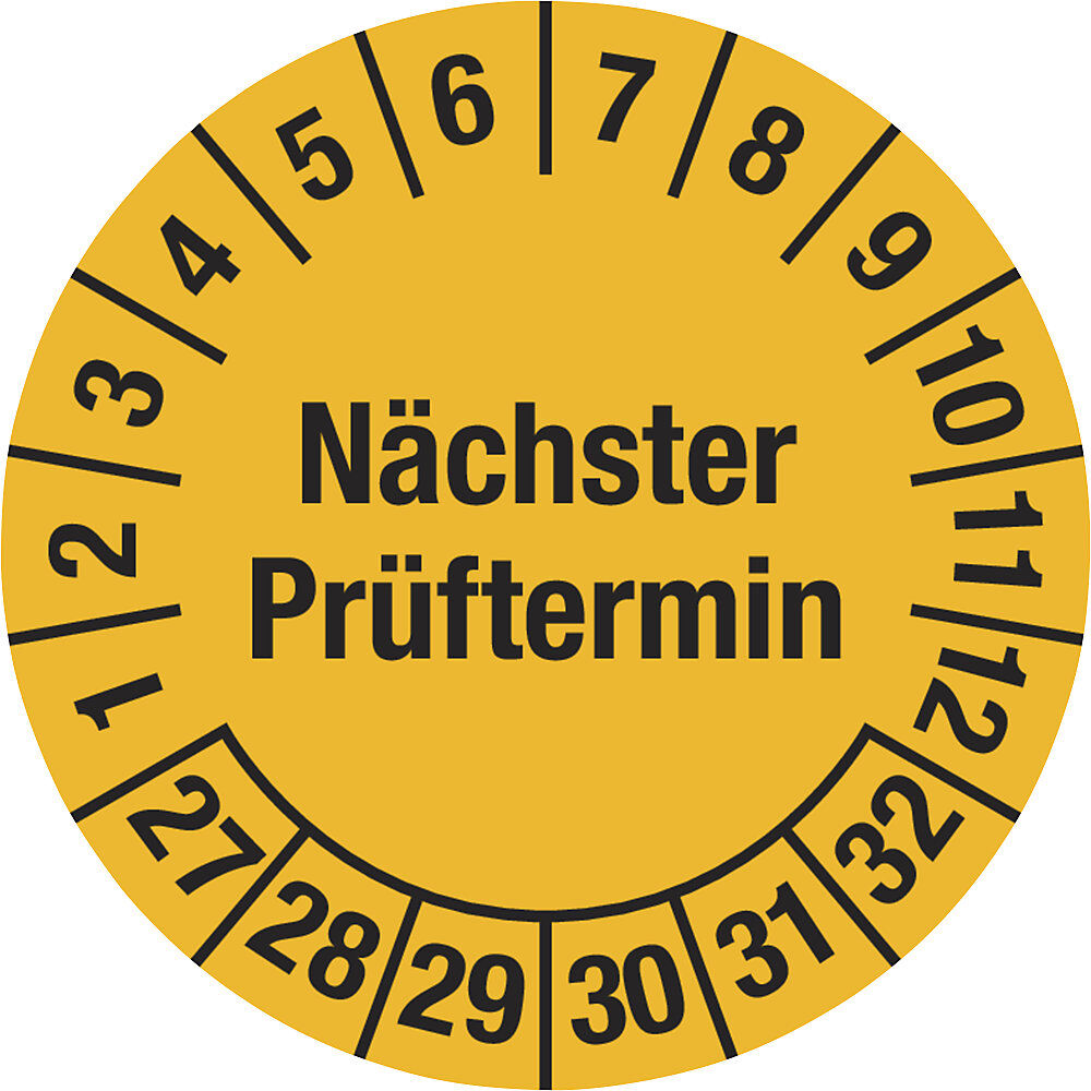kaiserkraft Mehrjahresplakette, Nächster Prüftermin, Dokumentenfolie, Ø 20 mm, 27 - 32, gelb