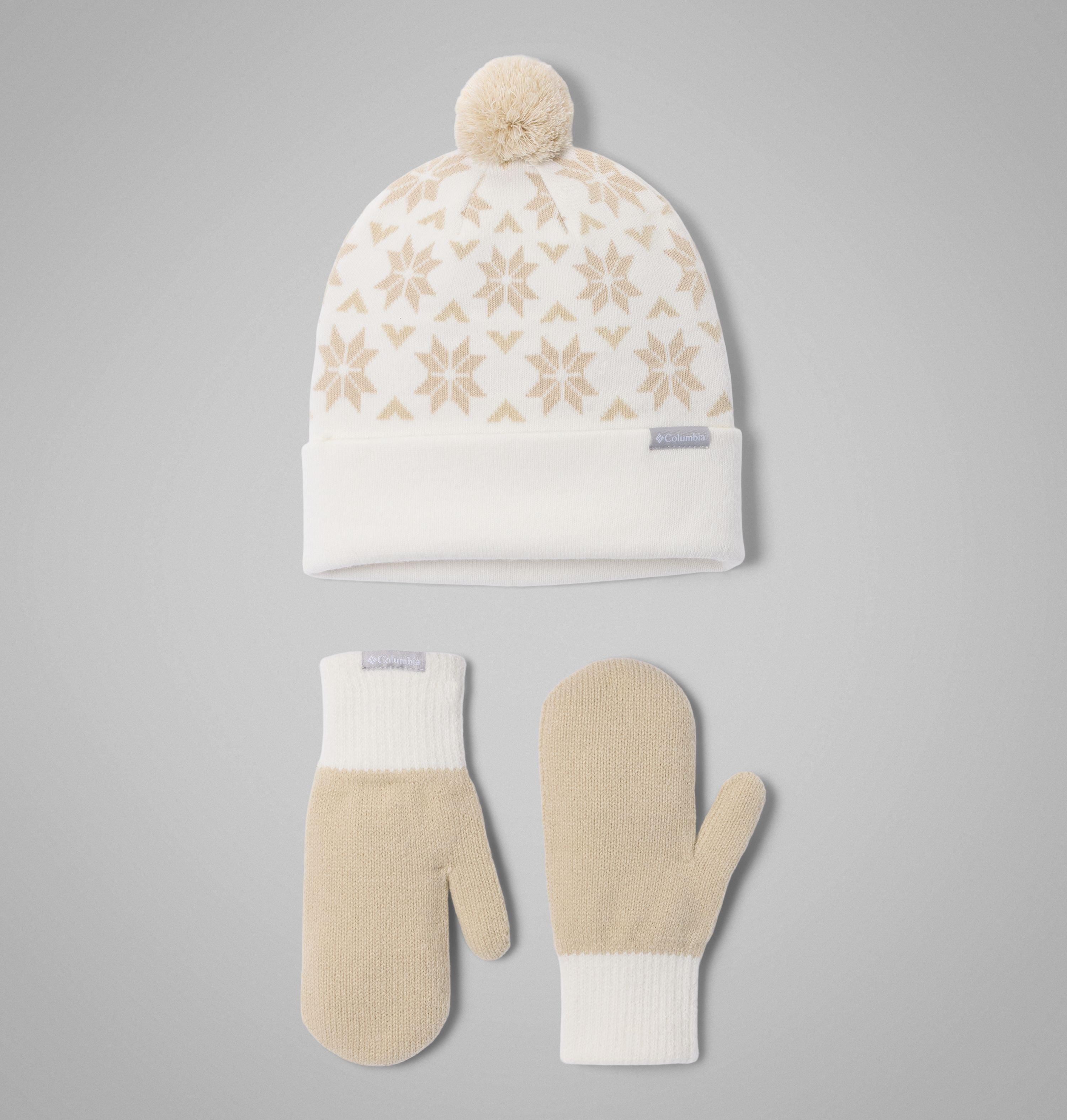 Beanie COLUMBIA "Snowflake Beanie and Mitten Set", Damen, sea salt, ancient fossil, schwarz stone, Obermaterial: 96% Polyacryl, 3% sonstige Fasern, 1% Elasthan, Mützen Beanie, 2-teiliges Set mit Beanie und Fäustlingen, sportlicher Stil sea salt, ancient f