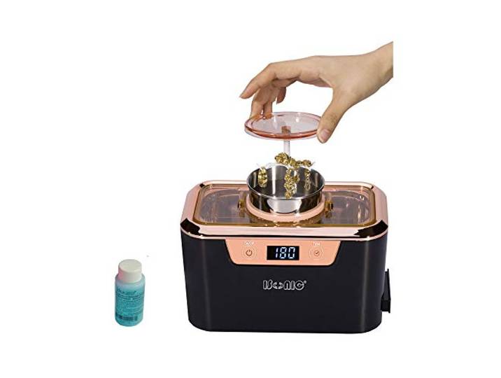 iSonic DS310 Miniaturisierter kommerzieller Ultraschallreiniger mit integriertem Becherhalter aus Edelstahl für Schmuck, Kosmetik-Werkzeuge, Brillen, 110 V, 55 W
