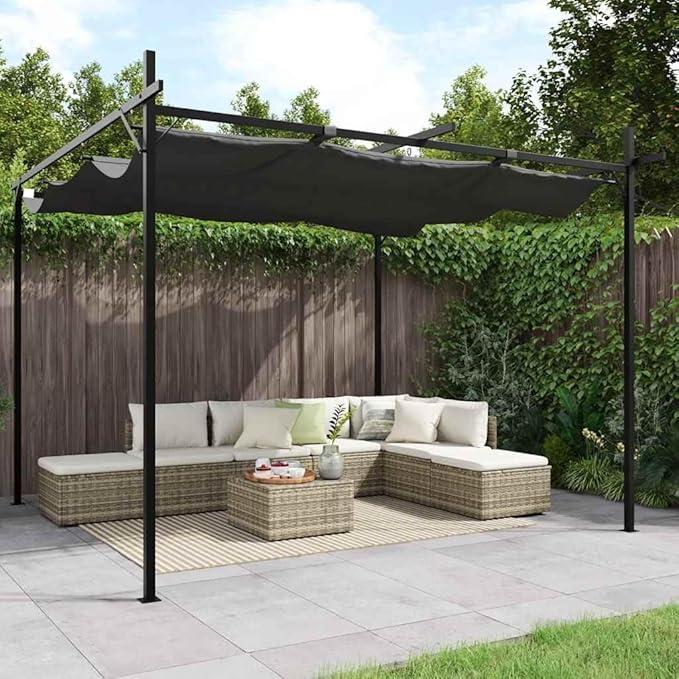 Pergola mit Schiebedach Anthrazit 295x292x230 cm, stabiles Gestell aus pulverbeschichtetem Stahl und Aluminium, Dach aus Polyestergewebe mit PA-Beschichtung, Einstellbarer