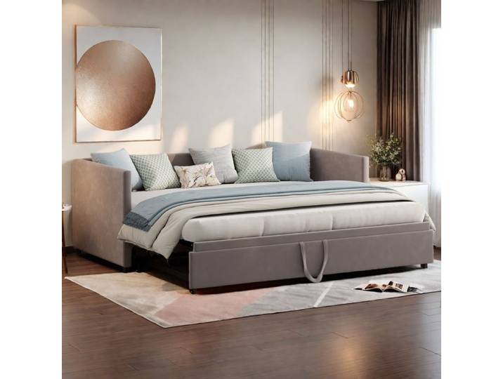 Lit Gigogne 90/180 x 200 cm avec Dossier et Accoudoirs， Canapé Lit Gigogne Canapé Lit Convertible 2 en 1 Gris Velours