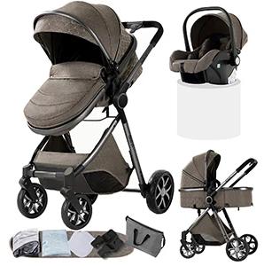 Luxus-Kinderwagen - 3-in-1 Kombikinderwagen - Autokindersitz-kompatibel - Faltbar - 5-Punkt-Sicherheitsgurt - Stoßdämpfend - Schokoladenbraun