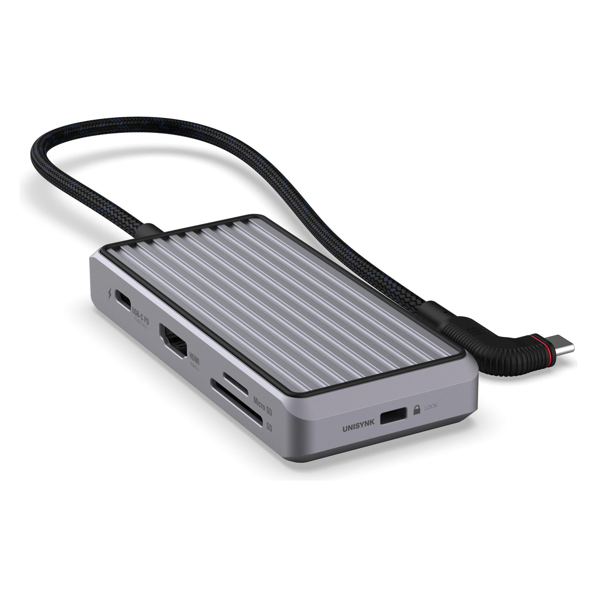Unisynk 8 Port USB-C Hub V2 4K 60 HZ 100QW Grey (USB-C, 8 Ports) (10386)
