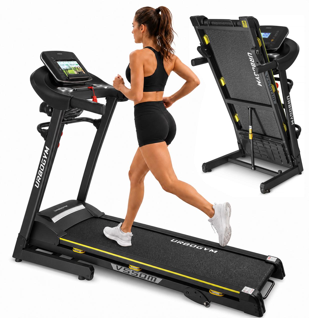 URBOGYM V550M elektrisches Laufband mit Massagegurt, Bauchtrainer, 15 km/h, 130 kg, 12 Programme, FITSHOW-App, klappbar