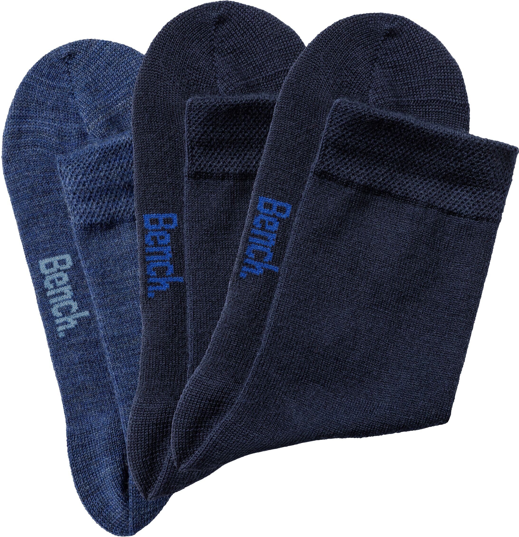 Socken BENCH. "Damen Wollsocken; Basic mit weichem Gummibund, Wandersocken", Damen, Gr. 39-42, Sockengrösse, blau (2x marine, 1x jeans), Elasthan, Polyamid, Wolle, unifarben, elastisch, Socken Socken, Damensocken aus flauschigem Material mit wärmender Wol