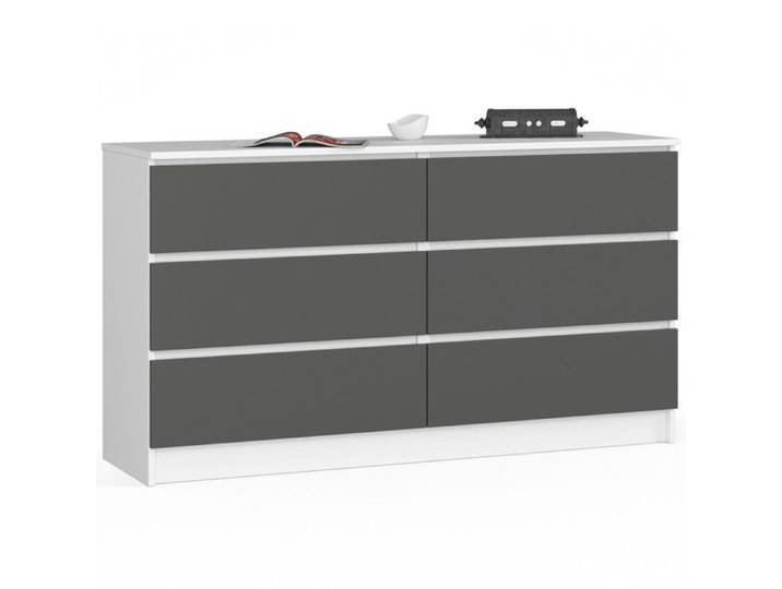 Commode AKORD K140 Blanche 138 cm 6 tiroirs façade Gris Graphite 138x40x77 cm