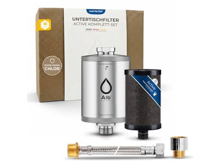 Alb Filter UNTERTISCH ACTIVE Wasserfilter Küche Edelstahl Natur Reduziert Schadstoffe, Chlor & Geschmack, Untertischfilter Küche, Anschluss-Set Standard, Made in Germany