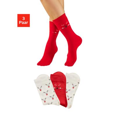 Freizeitsocken LASCANA "Damen Weihnachtssocken", Damen, Gr. 35-38, Sockengröße, rot (2x ecru, 1x rot), Baumwollmischung, elastisch, Socken, mit zwei unterschiedlichen Designs