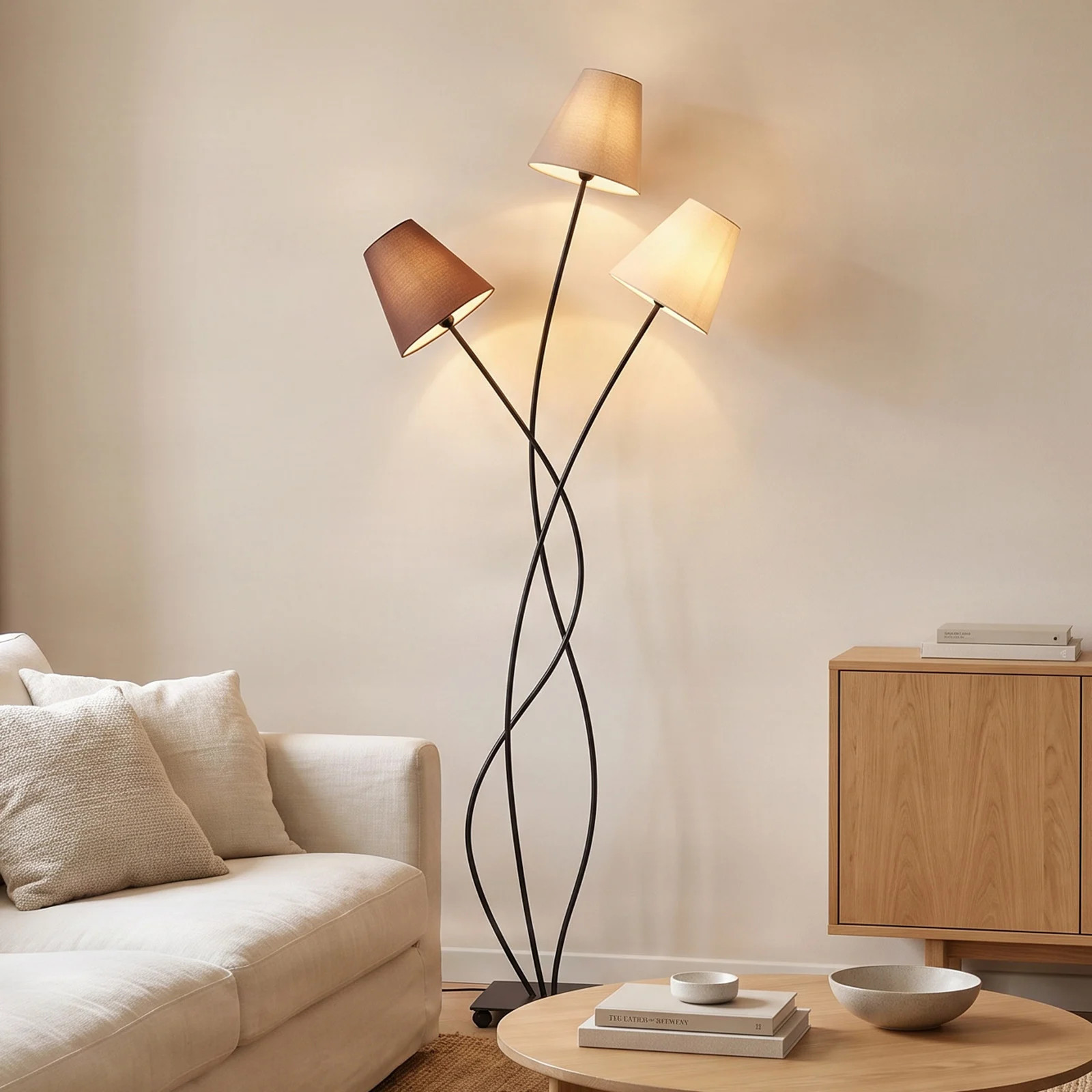 Lindby Melis 3 Vloerlamp Modern - Bruin, Grijs, Zwart, Beige - Textiel en Metaal