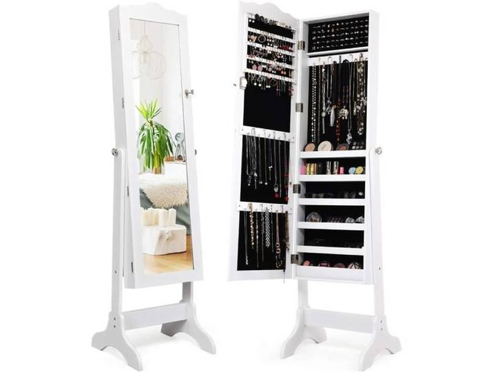 GOPLUS Armoire à Bijoux avec Miroir Pleine Longueur Réglable Armoire à Bijoux sur Pieds Organiseur de Bijoux Verrouillable Blanc
