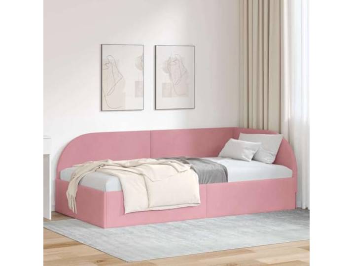 RJPLMFV Bettgestell, Eckbett, Velours, Rosa, 90 x 200 cm L-Design, Kopfteil wendbar, langlebiges Sperrholz, einfache trockene Reinigung