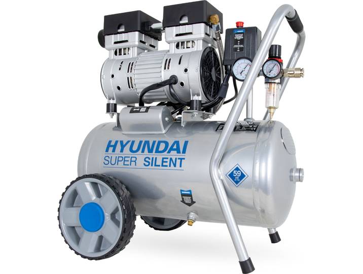 HYUNDAI Silent Kompressor SAC55752 (Druckluftkompressor leise, ölfrei, Flüsterkompressor, Compressor flüsterleise, 59dB, 24L Kessel, 8bar, 0.75kW, Öl-Wasserabscheider, 125L/Min)