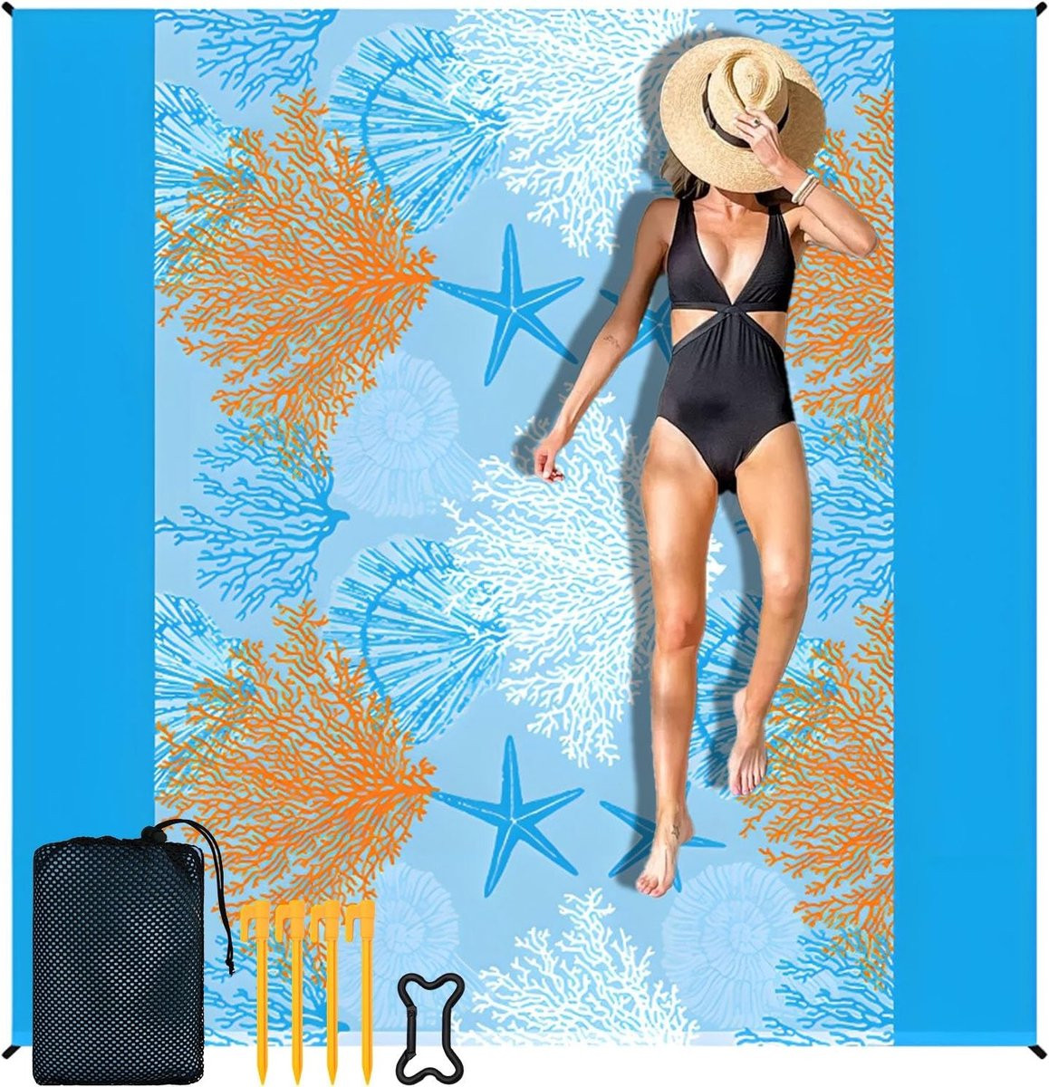 Extra groot zandbestendig strandlaken met windharingen en opbergtas, 200 x 200 cm