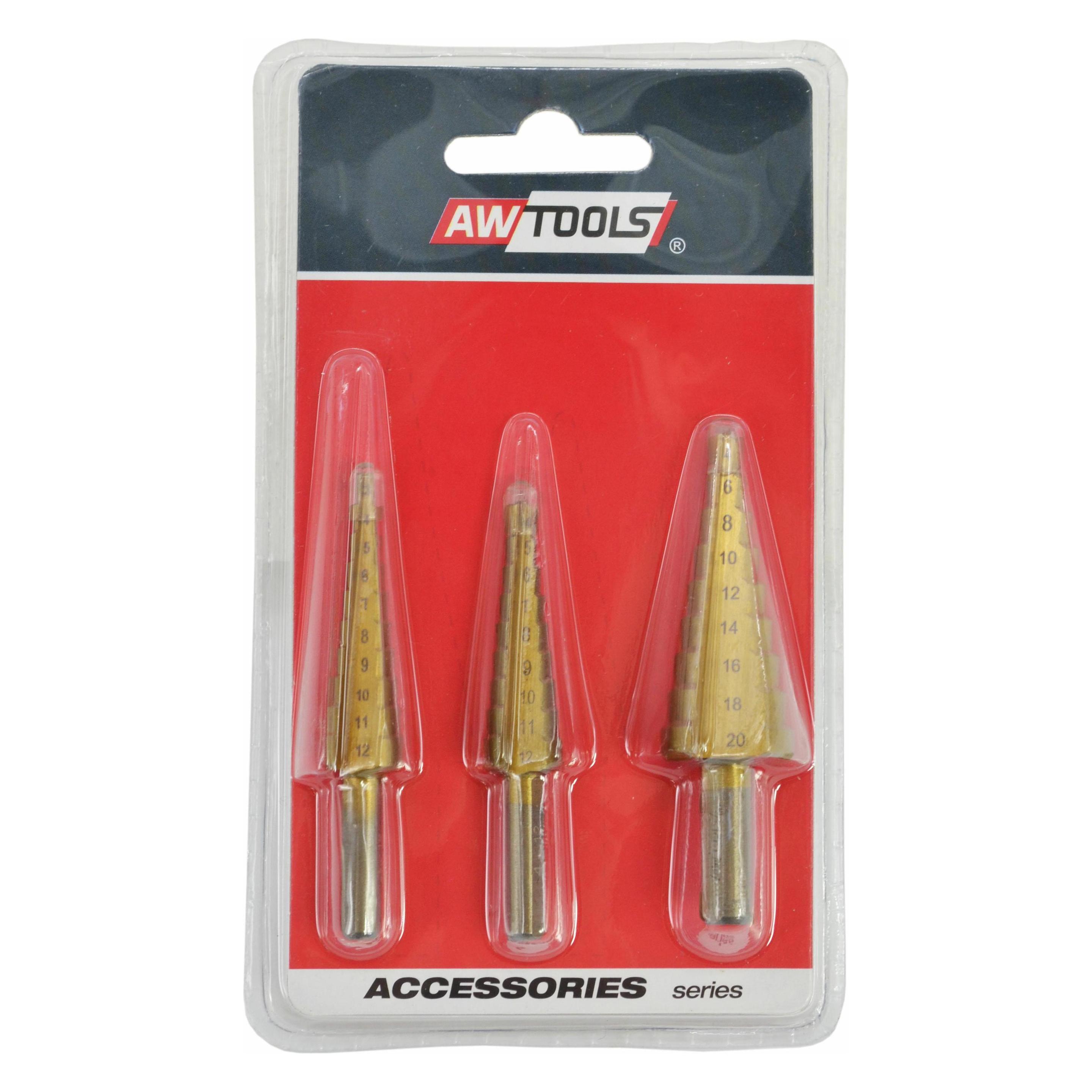 Awtools WIERTŁA STOPNIOWE HSS-TIN KOMPLET 3 SZTUKOWY / 3-12mm / 4-12mm / 4-20mm (3-12mm, 4-12mm, 4-20mm) (39228425)