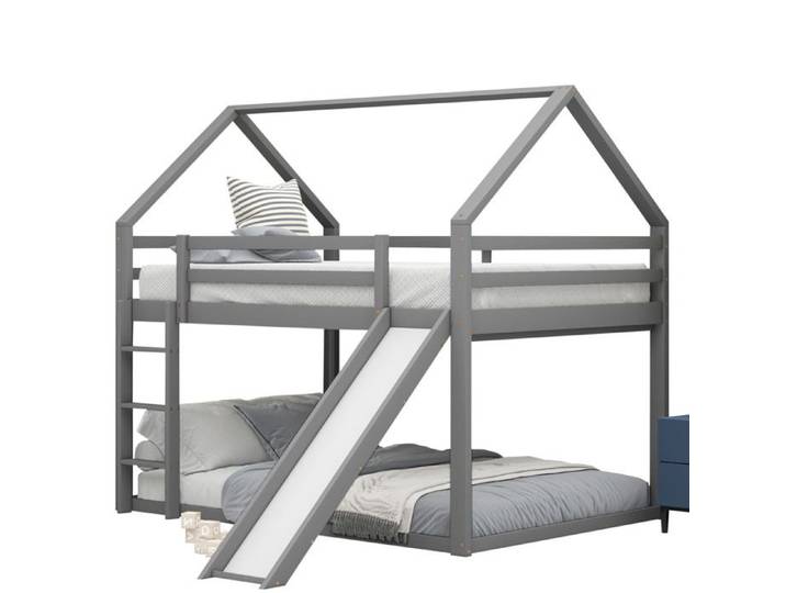 Lit mezzanine enfant forme maison – avec toboggan et échelle – 140 x 200 cm – gris
