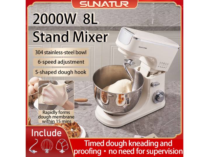 Batteur sur socle SUNATUR 8L 2000W, bol en acier inoxydable, pétrisseur à pâte et batteur à œufs à 6 vitesses, fermentation programmée