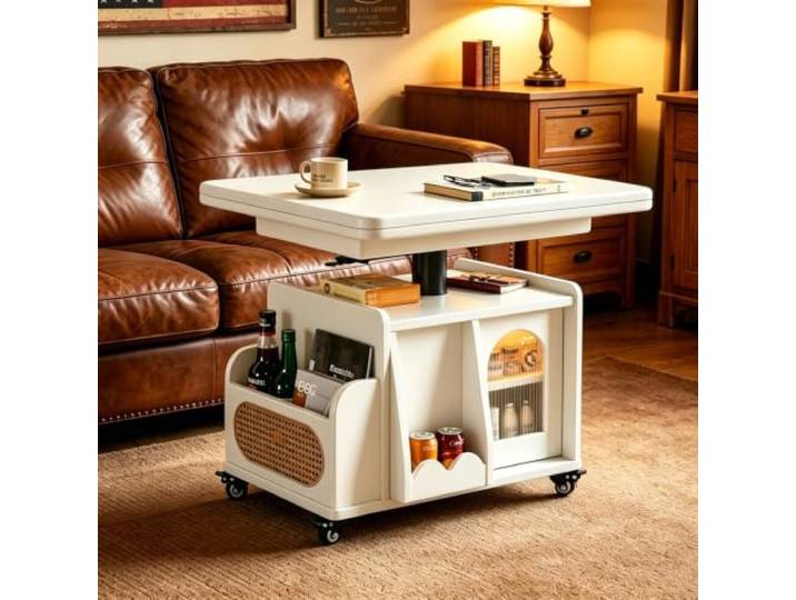 EBOYNSowAprr Höhenverstellbarer Couchtisch mit Stauraum & Rollen Lösung für kleine Räume, multifunktionaler rollbarer Holztisch(White)