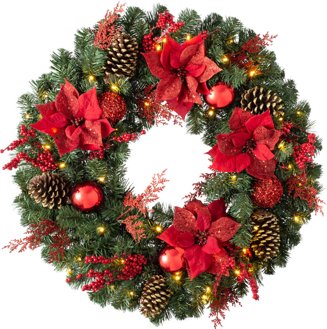 Three Posts Lighted Berry and Poinsettia 76 cm Artificial Wreath Multi-colour 76cm H X 76cm W X 12.7cm D