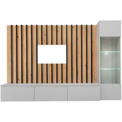 WOHNWAND grau, Artisan Eiche 220 cm, Schrankwand mit LED Beleuchtung