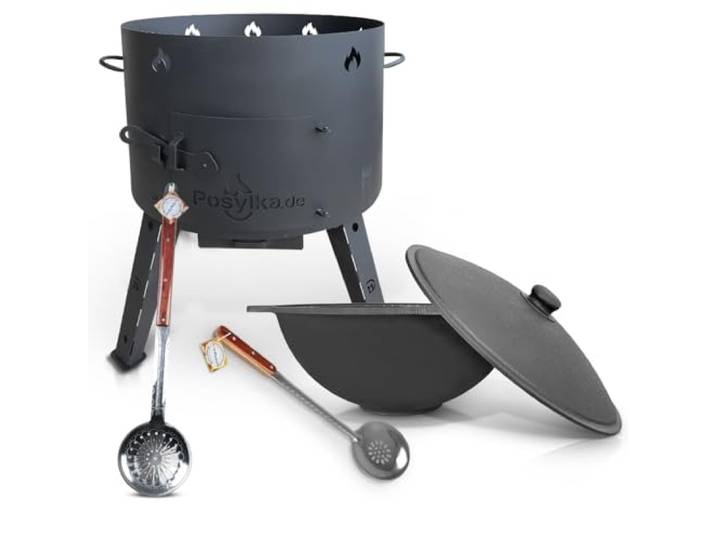 Utschak Feuerofen mit Gusseisen Topf flacher Boden mit Deckel (22 L) KazanoFF, Uchag Kazan Kasan Usbekisch, казан Deckel, Kessel, Schaumlöffel 64 cm, Schaumlöffel 48 cm (Set 22F-4)