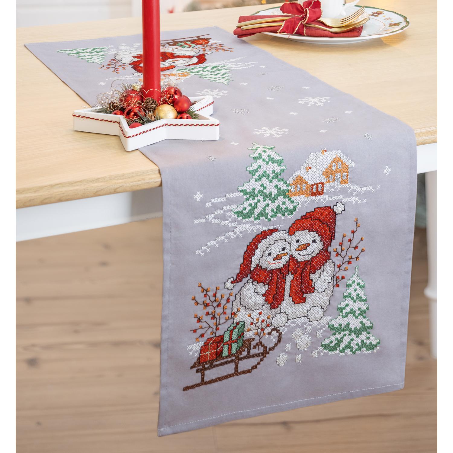 Stickläufer "Schneemann-Paar"