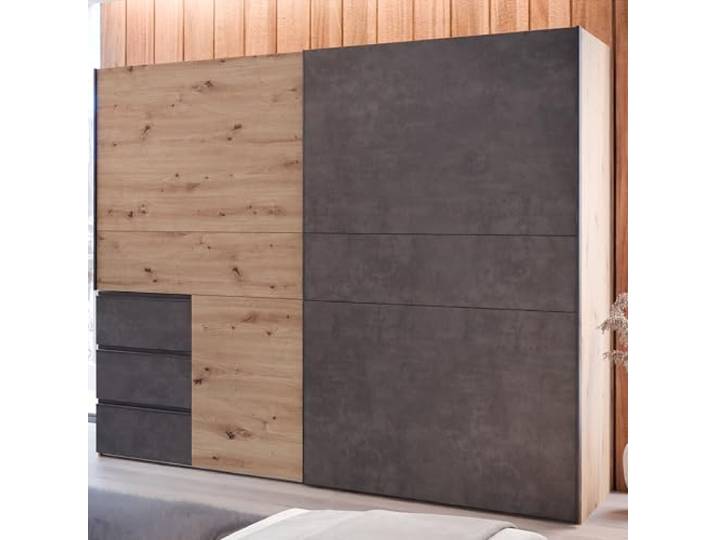 FORTE Winn 2 Kleiderschrank 250, Schrank mit 2 Schwebetüren und 3 Schubladen, Holzwerkstoff, Artisan Eiche Dekor/Betonoptik, 249 cm breit, 200,5 cm hoch, 61 cm tief