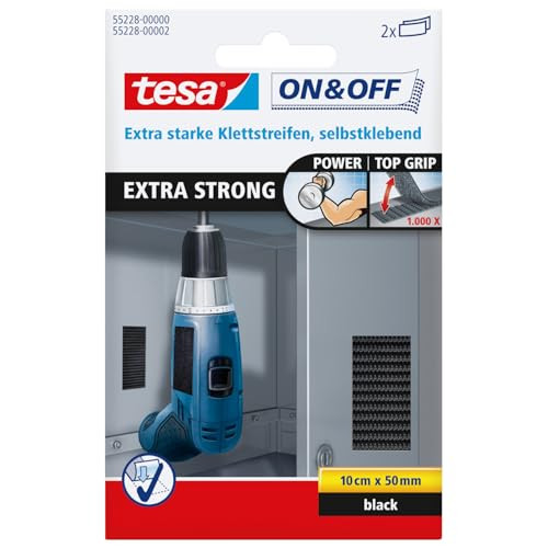 tesa On & Off Extra Strong Klittenbandpads, Zwart, 2 stuks, 10 x 5 cm