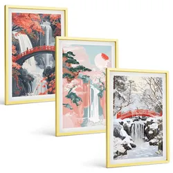 BILDER SET 3er Set - 40x60 cm Goldrahmen - Wasserfälle der Jahreszeiten
