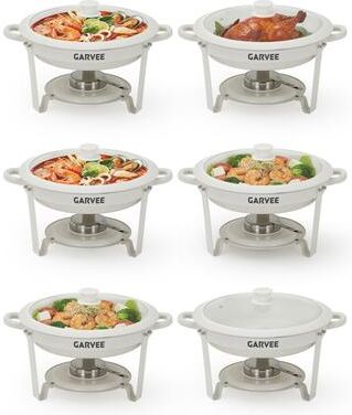 Garvee 2/4/6 Pack Round Chafing Dishes for Buffets, 5QT Maifanite-Coated White Chafing Dish Buffet Set with Glass Lids