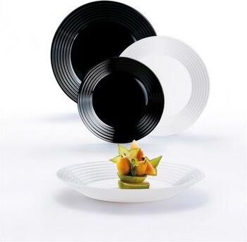 Luminarc Harena 18 Piece. Glass Black & White Dinnerware Set for 6