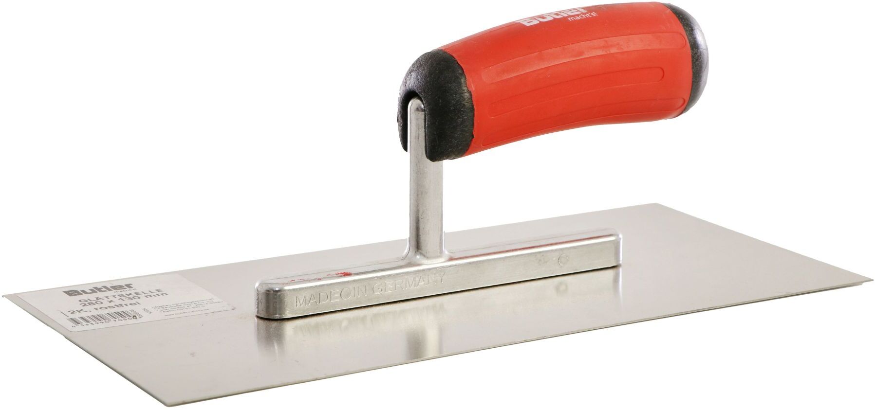 hagebau – Handelsgesellschaft für Baustoffe Butler macht's! Glättekelle aus Edelstahl, 2K-ERGO Softgriff, ohne Zahnung, 130 x 280 mm